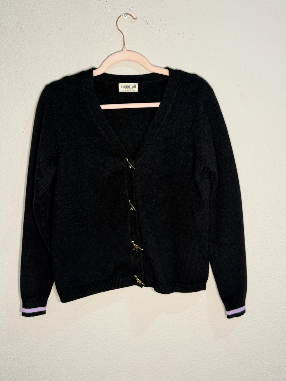 Sugarhill Black V-Neck Cardigan Sweater Dinosaur Buttons